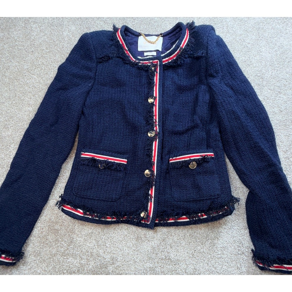 Rich & Royal Navy Blue Tweed Bouclé Jacket Striped Trim Gold Buttons Size 36